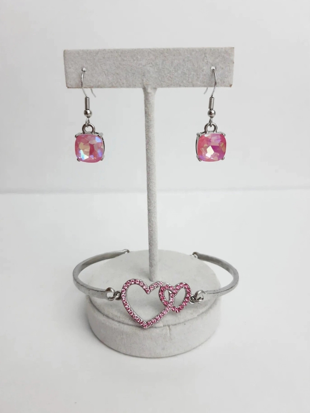 Pink Crystal Heart Bracelet and Earrings Set
